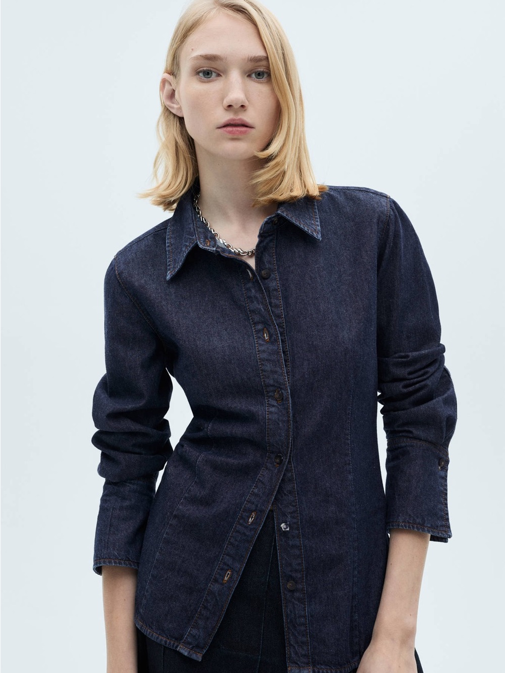 Mango Dark Indigo Denim Button Up Shirt